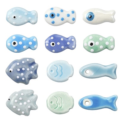 12Pcs 12 Styles Handmade Porcelain Beads, Polka Dot Fish, Famille Rose Porcelain