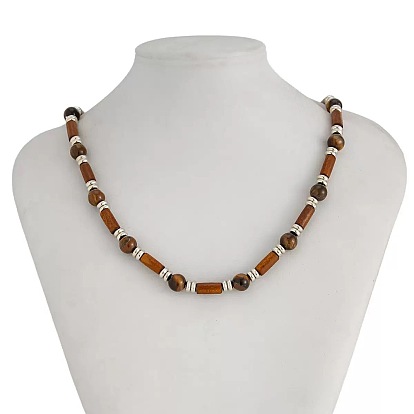 Регулируемые винтажные богемные мужские круглые бусы из натурального тигрового глаза и древесины колонного цвета, платина