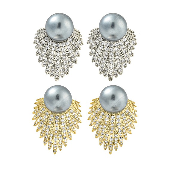 Серьги-гвоздики из латуни с микропаве из прозрачного кубического циркония, с жемчугом из раковины 