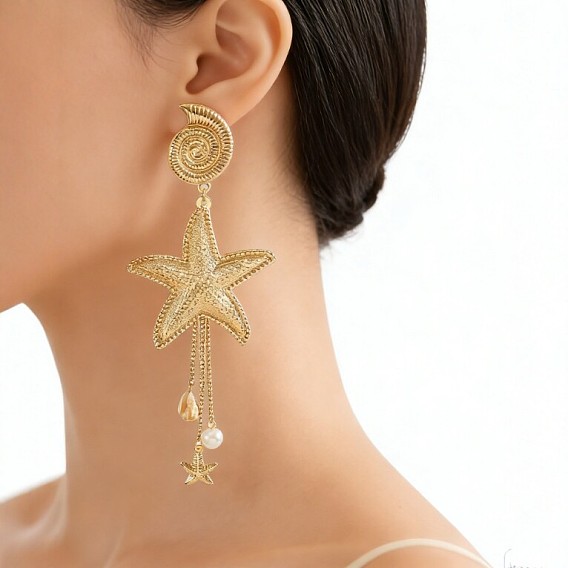 Сплав мотаться серьги стержня, с пластиковыми жемчужинами и натуральной раковиной, в форме раковины с морской звездой