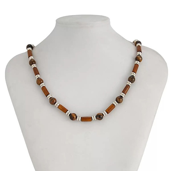 Регулируемые винтажные богемные мужские круглые бусы из натурального тигрового глаза и древесины колонного цвета, платина