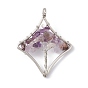 Rhombus Natural Amethyst Copper Wire Wrapped Chip Big Pendants, Tree of Life Charm, with Platinum Tone Iron Findings