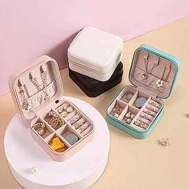 Square PU Leather Jewelry Set Organizer Zipper Box, Portable Travel Jewelry Case for Earrings, Rings, Necklaces