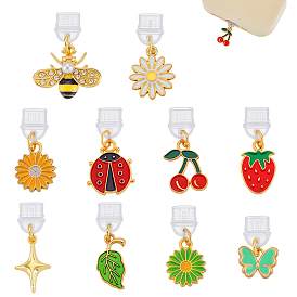 10шт пластиковые мобильные пылезащитные заглушки, с подвесками из эмали и сплава , разнообразные, золотые