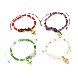 Hamsa Hand /Hand of Miriam Charm Braided Bead Bracelet, Natural Mixed Stone Chip & Glass Beads Bracelet for Her, Golden