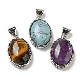 Gemstone Pendants, Platinum Plated Alloy Oval Charms