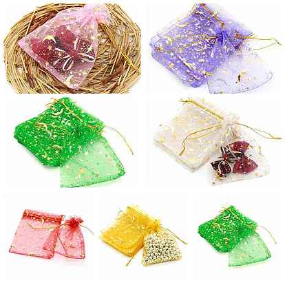 Hot Stamping Rectangle Organza Drawstring Gift Bags, Storage Bags with Moon and Star Print