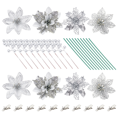 Christmas Theme Decoration 28Pcs Plastic Artificial Flower & Plant, with 36Pcs Iron Floral Wire Stems & Alligator Clips