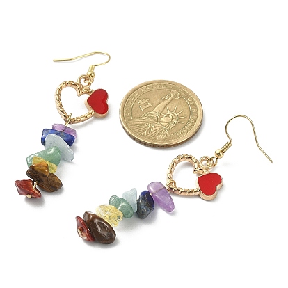 2 Pair 2 Color Natural Mixed Gemstone Chips Dangle Earrings, Alloy Enamel Heart Long Drop Earrings with 304 Stainless Steel Pins for Valentine's Day