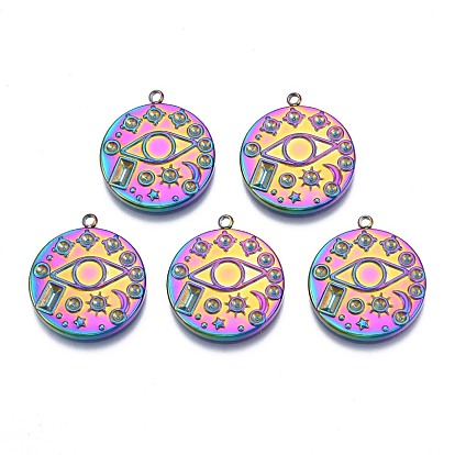 Rack Plating Rainbow Color 304 Stainless Steel Pendant Rhinestone Settings, Flat Round with Horse Eye