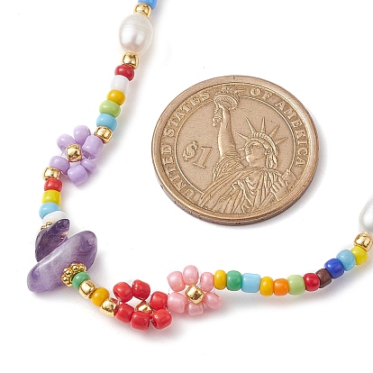 Flower Glass Seed & Pearl Beaded Necklaces, with Gemstone Chip