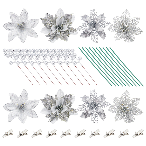 Christmas Theme Decoration 28Pcs Plastic Artificial Flower & Plant, with 36Pcs Iron Floral Wire Stems & Alligator Clips