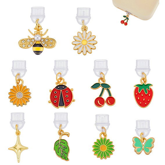 10шт пластиковые мобильные пылезащитные заглушки, с подвесками из эмали и сплава , разнообразные, золотые