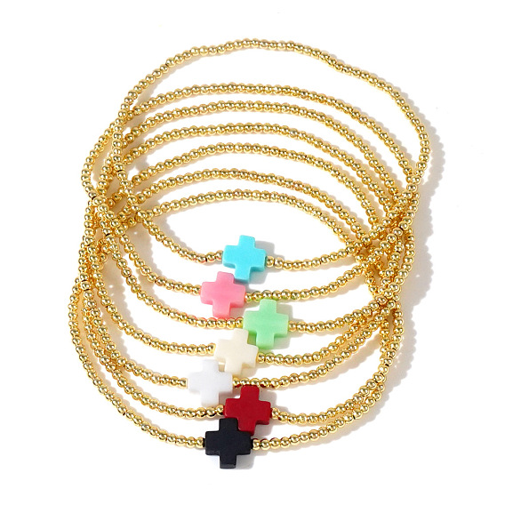 Латунные круглые бусины эластичные браслеты, Украшения для женщин: крестик из смолы., реальный 18 k позолоченный