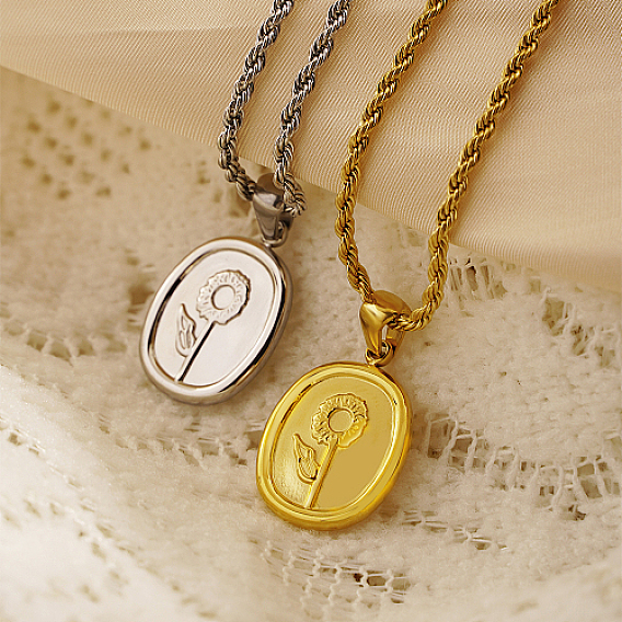 304 ожерелья с подвесками из нержавеющей стали для женщин, овал с подсолнухом