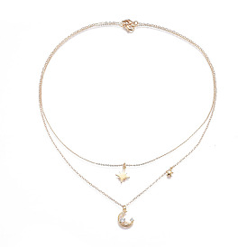 Brass Pendants Necklaces, with 304 Stainless Steel Findings and Cable Chains, Moon and Star