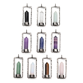 Gemstone Pendants, Faceted Pointed Bullet Charms with Brass Rectangle Frame, Antique Silver