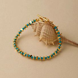 Браслеты из синтетической бирюзы и латунных бусин для женщин, с Переключить застежками, реальный 18 k позолоченный