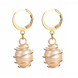 Natural Freshwater Pearl Leverback Earrings for Women, Copper Wire Wrapped Oval Charm Dangle Earrings