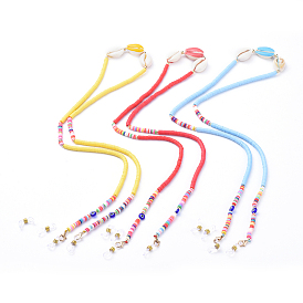 Tour de cou pour lunettes, cordons de cordes de porte-lunettes, avec des perles heishi en pâte polymère, shell cauris, perles de lampwork et extrémités de boucle en caoutchouc