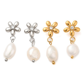 304 Stainless Steel Flower Dangle Stud Earings with Rhinestone, Natural Pearl Dorp Earrings