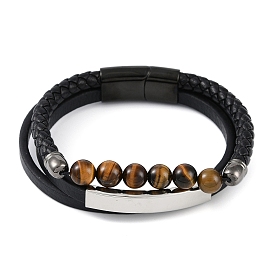 Microfiber Leather Cord Bracelets, Natural Tiger Eye Two Layer Multi-strand Bracelets, with 304 Stainless Steel Magnetic Clasps