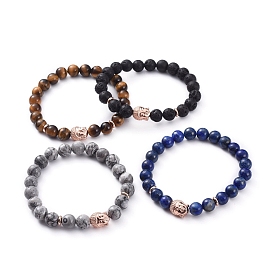 Buddha Natural Gemstone Beads Stretch Bracelets, with Brass Beads