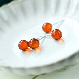Natural Amber Round Ball Stud Earrings with Sterling Silver Pins for Women