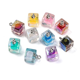 AB Color Resin Cube Pendants, Ball inner Charms with Platinum Plated Alloy Loops