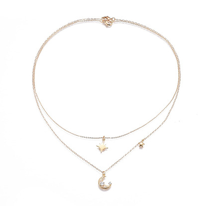 Brass Pendants Necklaces, with 304 Stainless Steel Findings and Cable Chains, Moon and Star