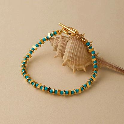 Браслеты из синтетической бирюзы и латунных бусин для женщин, с Переключить застежками, реальный 18 k позолоченный