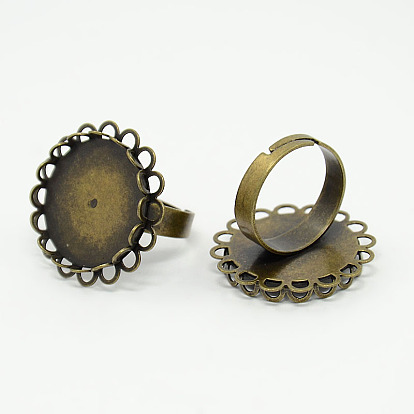 Adjustable Brass Pad Ring Components Findings, with Flat Round Cabochon Setting, 17mm, Tray: 20mm