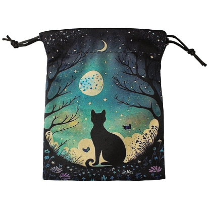 Cat Theme Velvet Printed Storage Pouches, Drawstring Bag, Rectangle