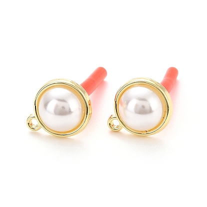 Alloy Stud Earring Findings, with 925 Sterling Silver Pin and ABS Plastic Imitation Pearl, with Loop, Half Round