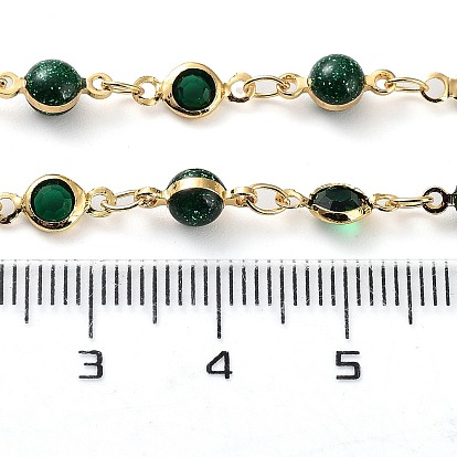 Handmade Green Glass Flat Round & Round Link Chains, with Brass Findings, with Spool, Soldered