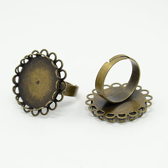 Adjustable Brass Pad Ring Components Findings, with Flat Round Cabochon Setting, 17mm, Tray: 20mm