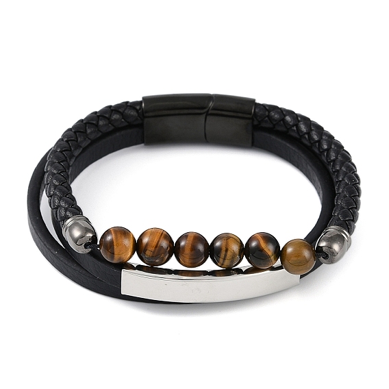 Браслеты из микрофибры, двухслойные многонитевые браслеты из натурального тигрового глаза, с 304 из нержавеющей стали магнитные застежки