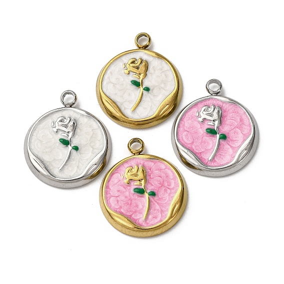 304 нержавеющей стальной эмали подвески, плоская круглая с подвеской в виде цветка, ионное покрытие (ip)