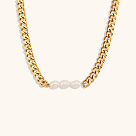 Minimalist Stainless Steel Triple Pearl Cuban Chain Necklace Jewelry