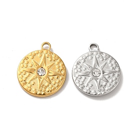 304 Stainless Steel Pendants, with Crystal Rhinestone, Flat Round with Star Charms