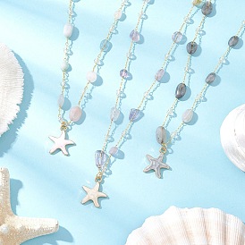 3 шт. 3 стили латунные ручная работа натуральный морганит и аметист и лабрадорит самородки звеньевая цепь сплав эмаль морская звезда кулон ожерелья для женщин, золотые