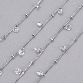Brass Ball Curb Chains, with Cubic Zirconia and Spool, Long-Lasting Plated, Soldered, Clear