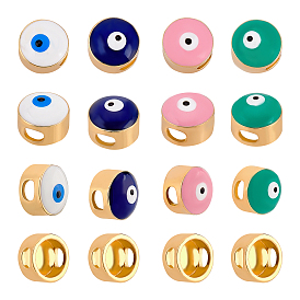 SUPERFINDINGS 16Pcs 4 Colors Eco-Friendly Rack Plating Brass Enamel Slide Charms,  Long-Lasting Plated, Lead Free & Cadmium Free, Real 18K Gold Plated, Flat Round with Evil Eye