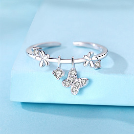 925 кольца манжеты из серебра микропаве фианит, бабочка, регулируемый, с печатью s925