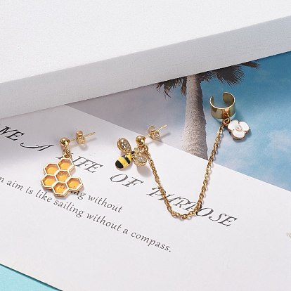 Bee and Honeycomb Alloy Asymmetrical Earrings with Enamel, 304 Stainless Steel Stud Earrings with Dangle Chain Ear Cuff Crawler Climber for Women