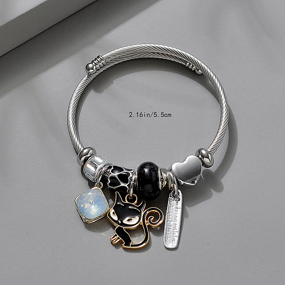 Регулируемые европейские браслеты из нержавеющей стали, браслеты с подвесками для женщин, кошка, со сплавом, стразами, смолой и эмалью