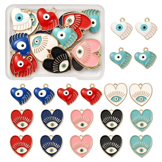 20Pcs 10 Style Rack Plating Alloy Enamel Pendants, Heart with Evil Eye