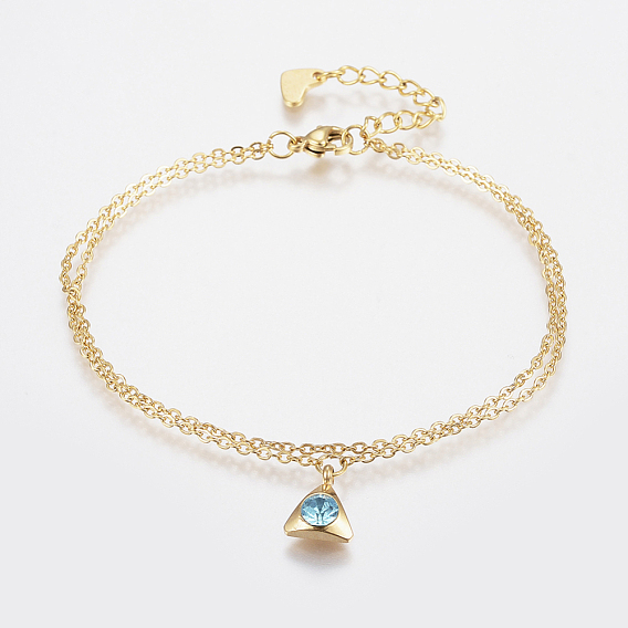 304 Stainless Steel Cable Chain Bracelets, Multi-strand Bracelets, with Rhinestone, Lobster Claw Clasps, Triangle, Golden