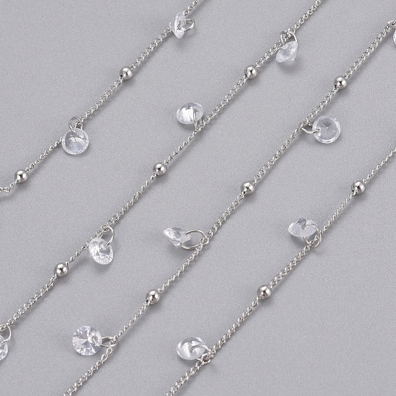 Brass Ball Curb Chains, with Cubic Zirconia and Spool, Long-Lasting Plated, Soldered, Clear
