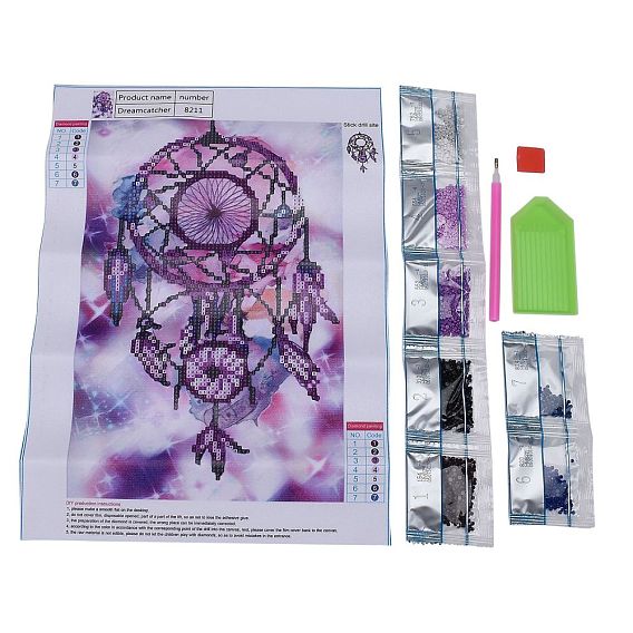 5D DIY Diamond Painting Canvas Kits For Kids, with Resin Rhinestones, Diamond Sticky Pen, Tray Plate and Glue Clay, Woven Net/Web with Feather